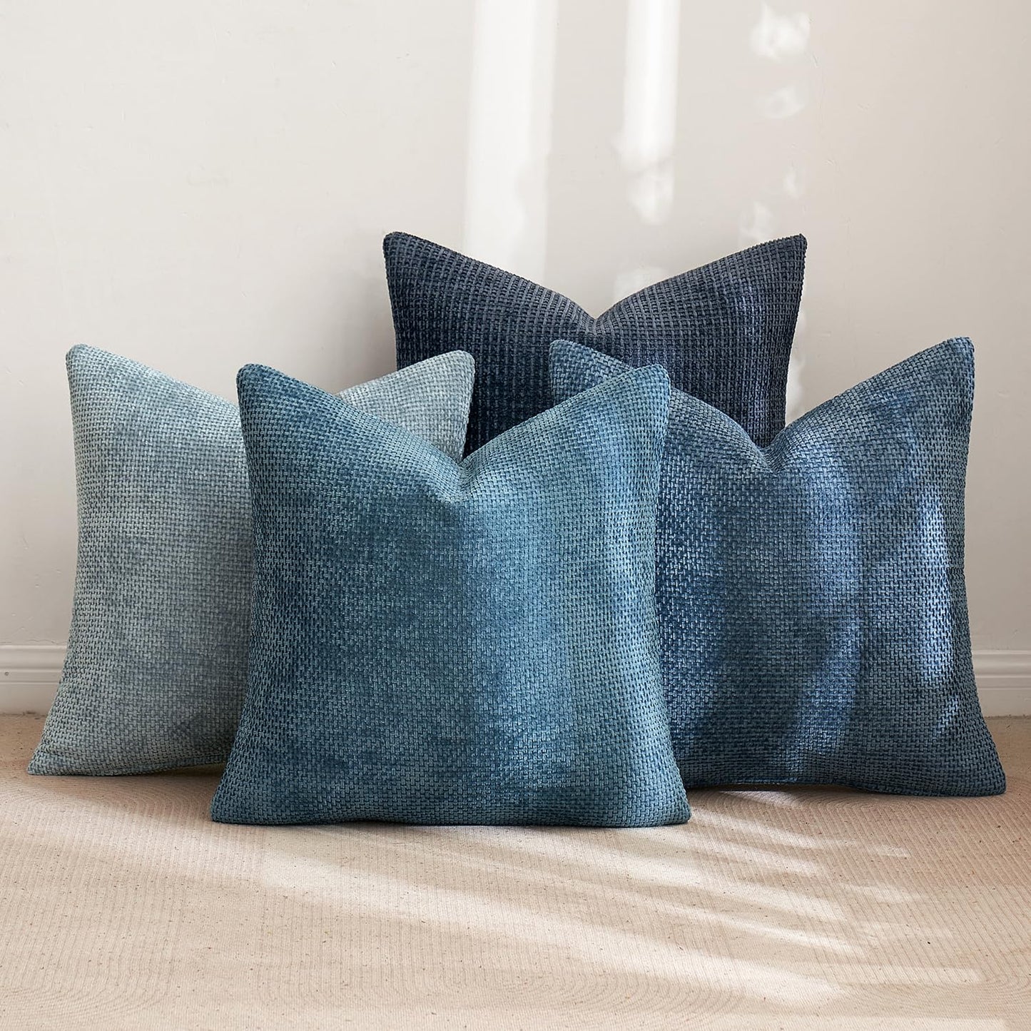 MIULEE Pack of 4 Couch Throw Pillow Covers 18x18 Inch Neutral Blue Soft Decorative Chenille Pillow Covers Farmhouse Cushion Covers for Home Decor Sofa Bedroom Living Room