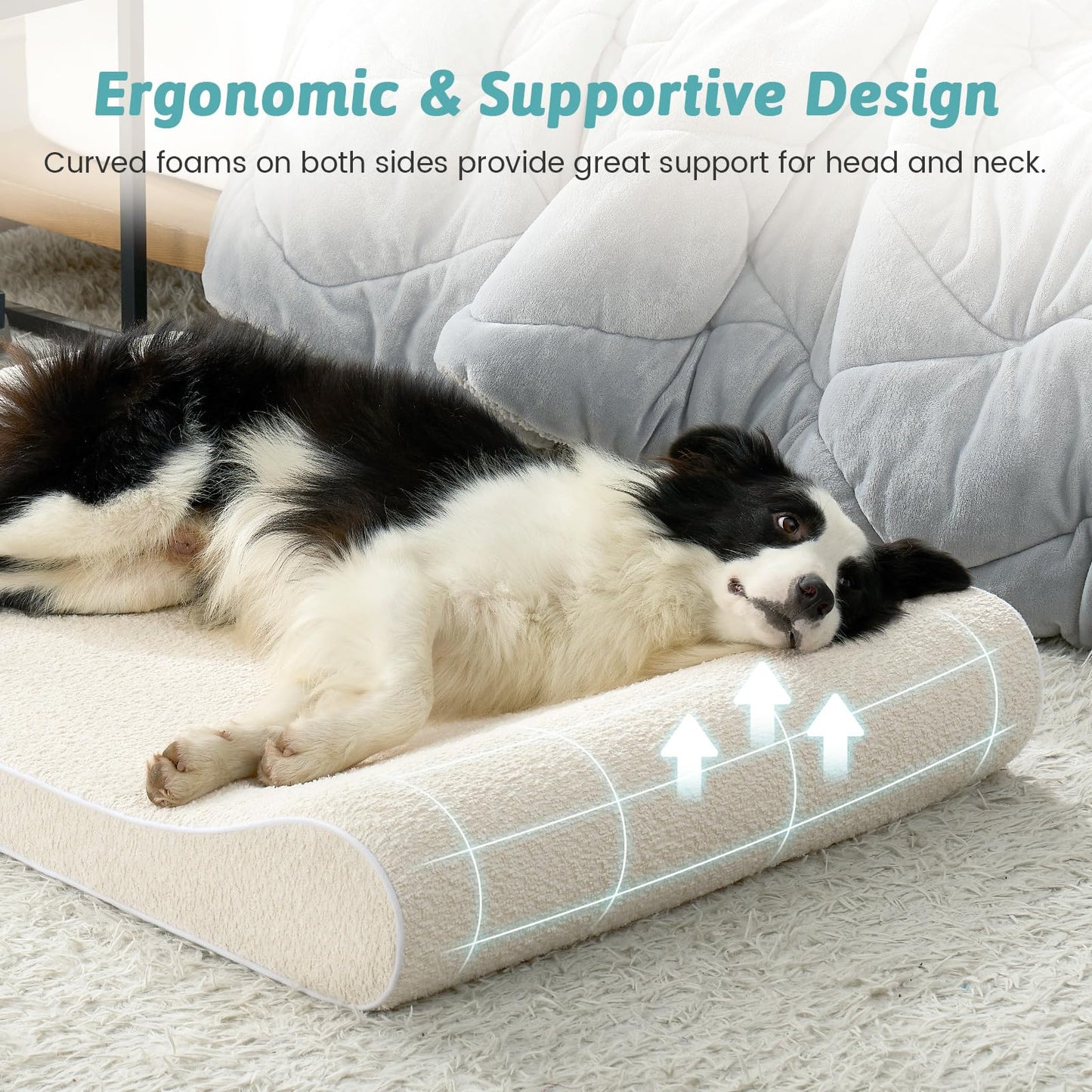 COZY KISS Orthopedic Dog Bed for Large Dogs up to 90 lbs - Removable Washable Cover with Waterproof Lining & Non-Skid Bottom, Cotton-Polyester Blend Boat-Shaped Lounger Mattress, L(45x30x6in), Beige