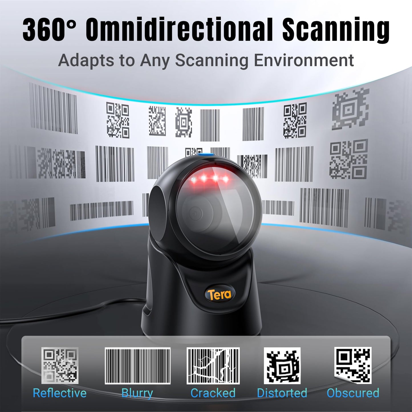 Tera Barcode Scanner Handsfree Omnidirectional: Desktop 1D 2D QR USB Wired Adjustable Angle Plug and Play Bar Code Reader for POS Supermarket Retail Store Mobile Payment Model 9700