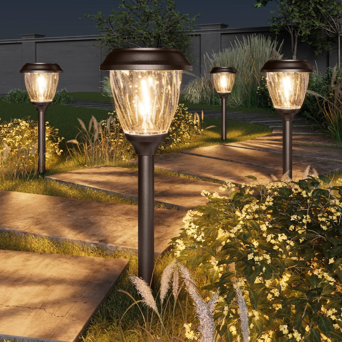 XMCOSY+ Solar Lights Outdoor 10/25 LM LED with 2 Lighting Modes, Solar Garden Lights Glass and Metal, IP65 Waterproof Solar Powered for Yard Pathway Walkway Driveway Patio (6 Pack, Warm White)