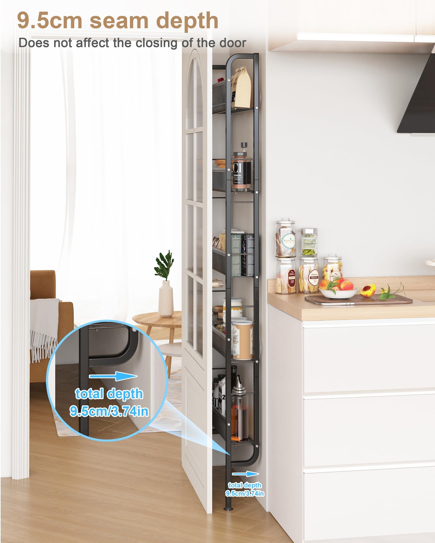 UMDONX Narrow Metal Storage Shelf Bathroom Organizer 5 Tier, Kitchen Behind Door Shelves Multifunctional Bookshelf (Black Width 9.5cm)