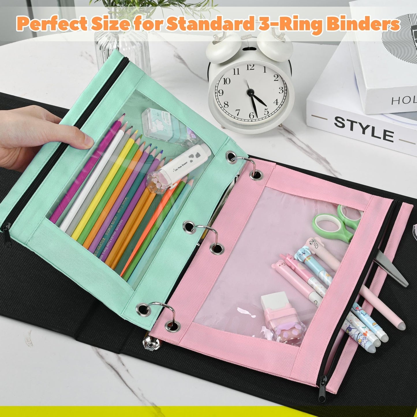 Lanpn 3 Ring Binder Pouch Bulk 36 Pack, Pencil Case with Binder Holes, Aesthetic Pencils Pouches, Zipper Pen Bags Holder for Kids Boy Girl School Student Storage, Clear Window & Reinforced Grommets
