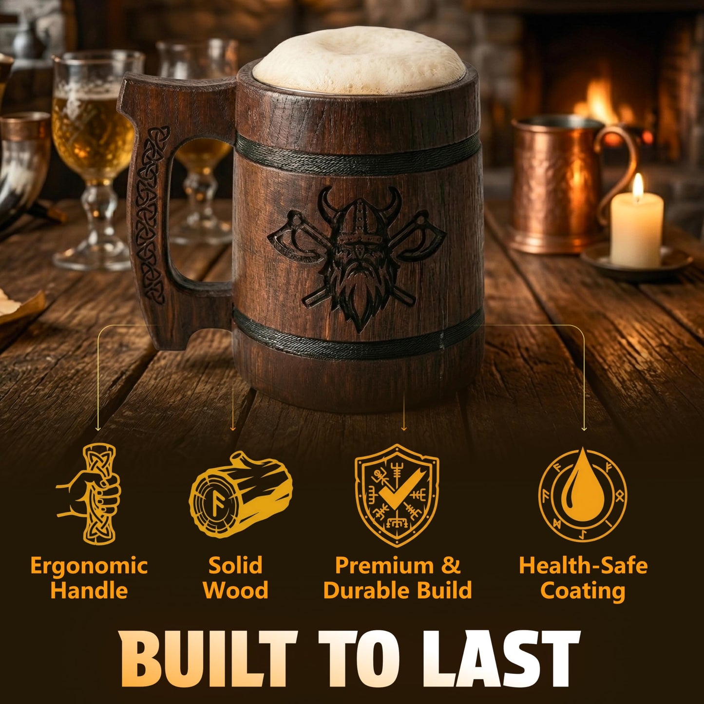 TESLYAR Beer Mug 600 ML - 20 OZ - Viking Mug - Tankard Mug - Beer Stein - Wooden Beer Mug - Handmade Gifts for Men | Fathers Day | Christmas | Birthday Gifts | Celtic Men Mugs - Dark Viking