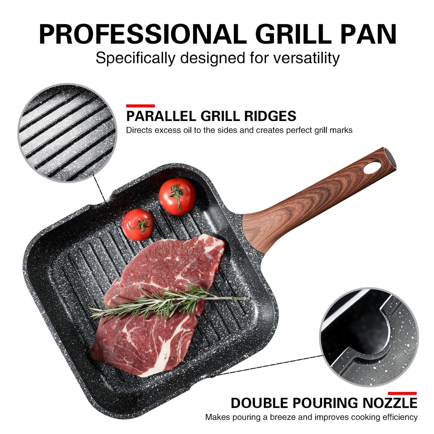 Kordisen Nonstick Grilling Pan for Stove Tops, 11 Inch Square Grill Pan for Indoor Cooking, Granite Coating Grill Skillet with Pour Spouts, Versatile Griddle, Induction Steak Pan, PFOA Free