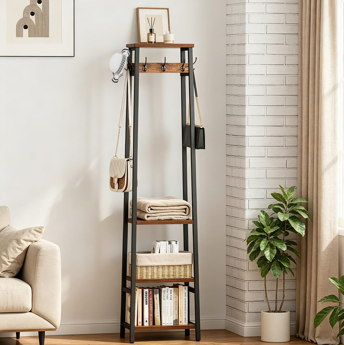 Cerlyunzan Coat Rack Freestanding, Coat Stand with 3 Shelves and 7 Hooks, Hall Tree Free Standing, Clothes Rack Stand Organizer for Bedroom, Hallway, Entryway, Living Room, Rustic Brown and Black