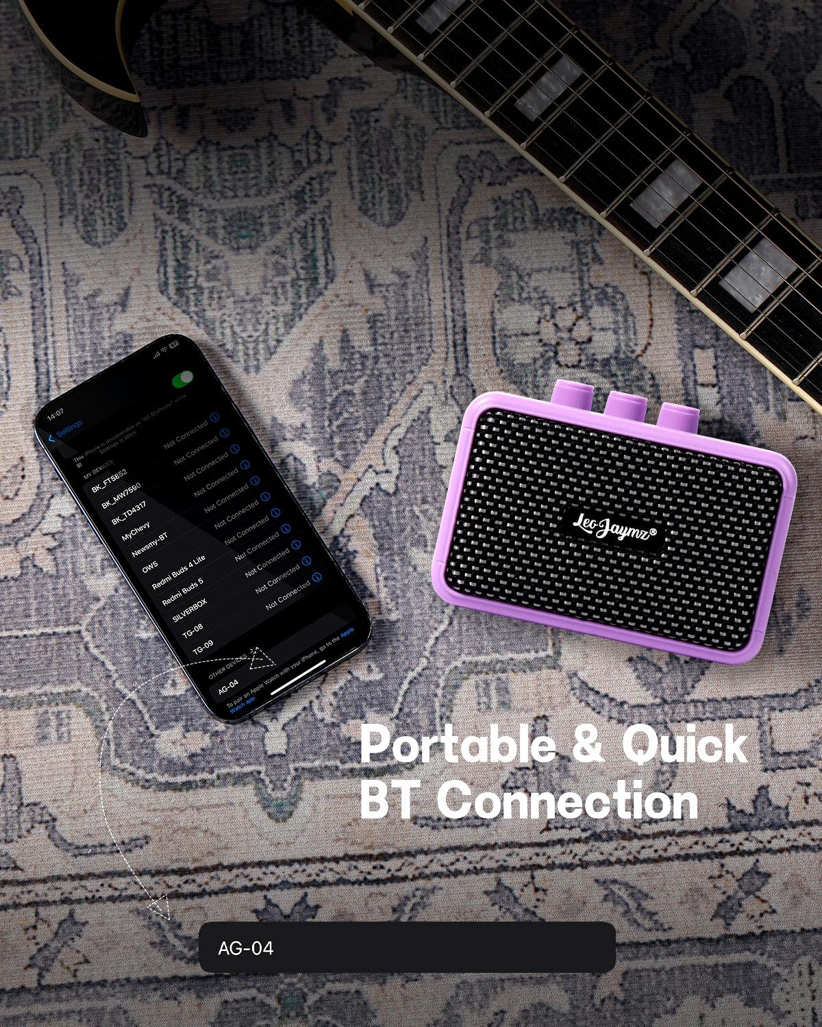 Leo Jaymz Mini Guitar Amplifier - 5W Dual Speaker BT Wireless Guitar Amp， Rechargeable Battery, Clean/Overdrive Modes, Headphone Jack,Ideal for Practice & Performance (Purple)