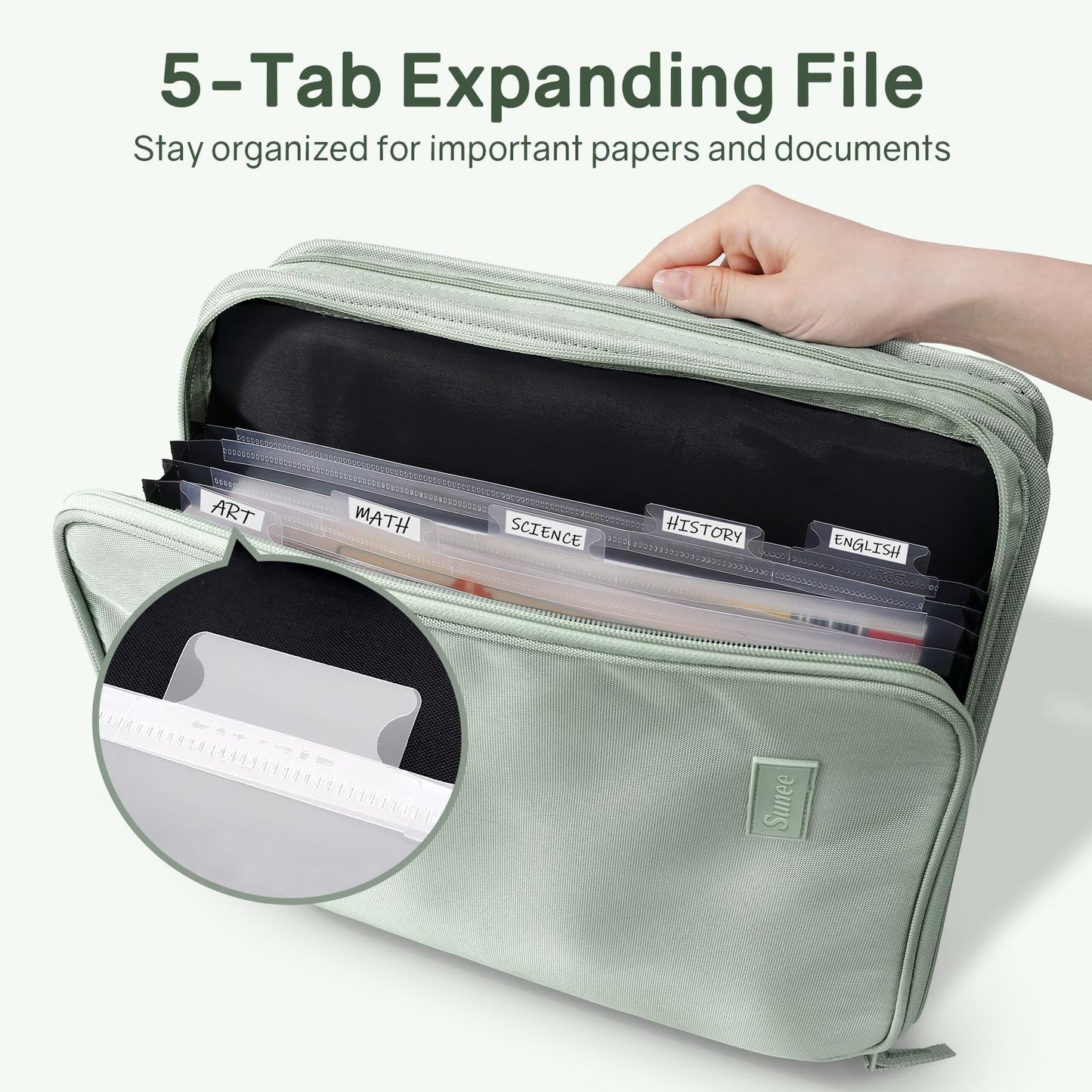 SUNEE Zippered Binder Bag with Handle, 2-Inch 3-Ring O-Ring, 500-Sheet Capacity, Includes Zip Pocket, 5-Tab Expanding File Folder, Multi-Pocket Organizer Binder for Middle School, Sage Green