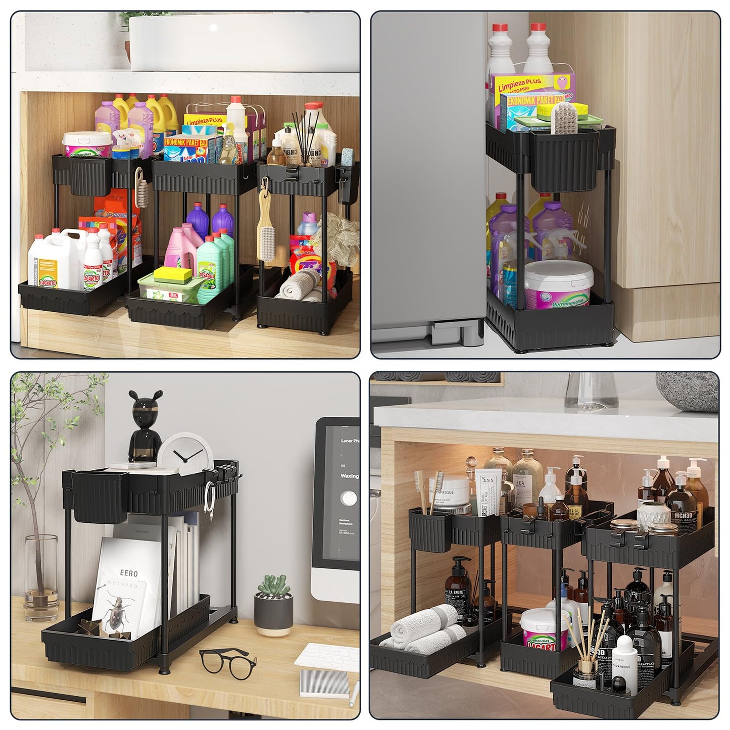 Sevenblue Under Sink Organizer 3 Pack, Bathroom Organizers, 2 Tier Multi-Use kitchen Organizers and Storage with Sliding Drawer, Hang Hooks and Cups, (Black)