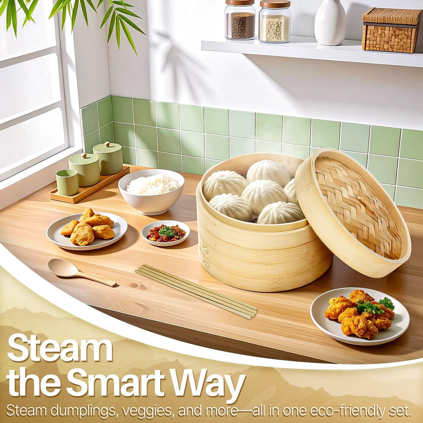 Flexzion Bamboo Steamer Basket Set (10 inch), 50 x Steamer Liners and 2 Pairs of Chopsticks, Steam Baskets for DimSum Dumplings, Rice, Vegetables, Fish and Meat