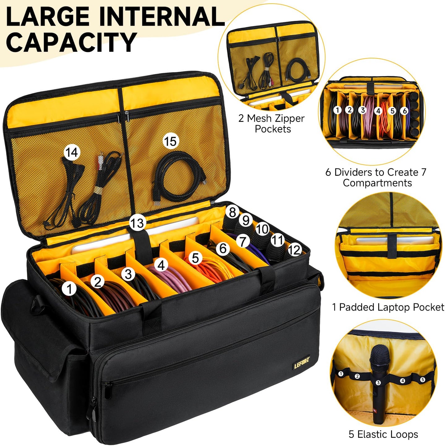 Large DJ Equipment Bag with 6 Detachable Dividers,DJ Cable File Bag with Laptop and Microphone Slots,Travel Dj Gig Organizer Bags for DJ Gear,Musicians, Professional and Dj Accessories(21.5"×12"×11")