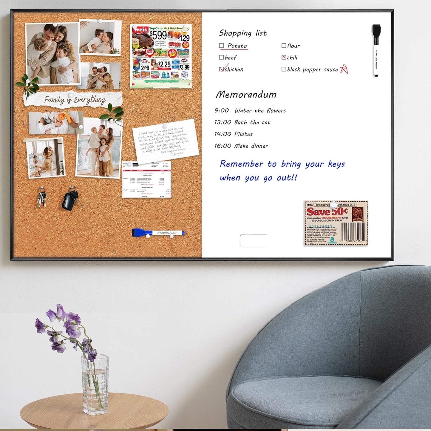 Dry Erase Cork Board Combo, ARCOBIS 36"X24" Bulletin White Board for Wall, Magnetic Corkboard, Vision Whiteboard for Office,Home,School Black Frame