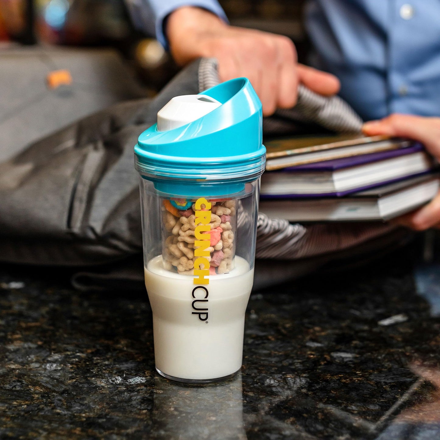 The CRUNCHCUP XL Blue - Portable Plastic Cereal Cups for Breakfast On the Go, to Go Cereal and Milk Container for Your Favorite Breakfast Cereals, No Spoon or Bowl Required