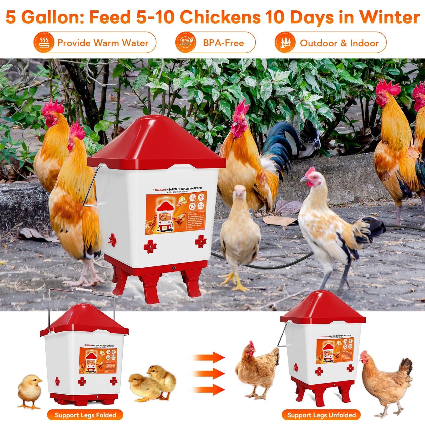 Heated Chicken Waterer, Thermostatically Controlled Poultry Waterer with 4 Nipples and 6 Foldable Legs, Large Hanging Chick Water Heater for Winter Chicken Coop Accessories, 5 Gallon (Red + White)