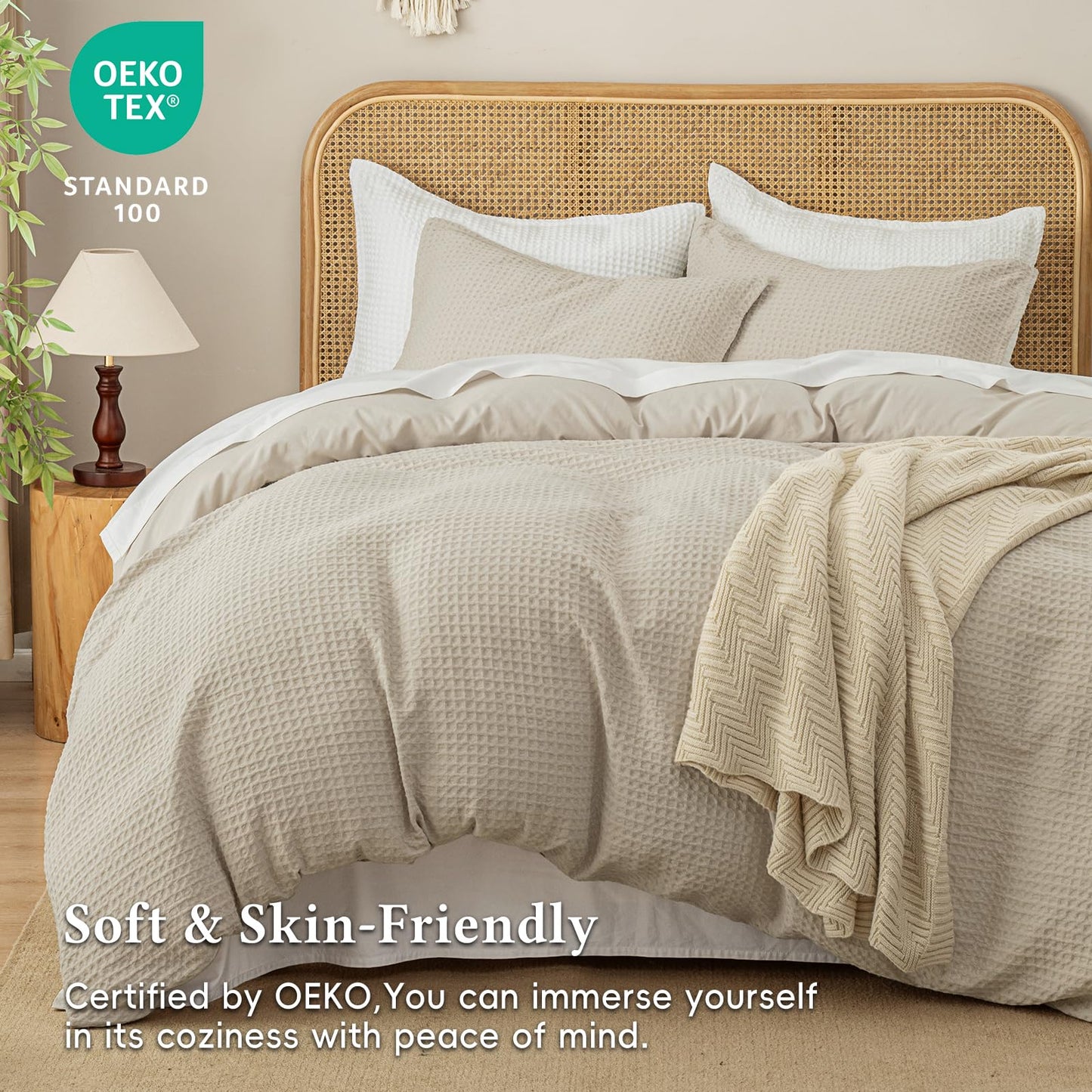 David's Home Waffle Weave Duvet Cover Set Queen Size,Soft Breathable 3pcs Comforter Cover Set with 2 Pillowcases,Textured Home Decor Bedding Set Cozy for All Seasons, Nature 90"×90",No Comforter
