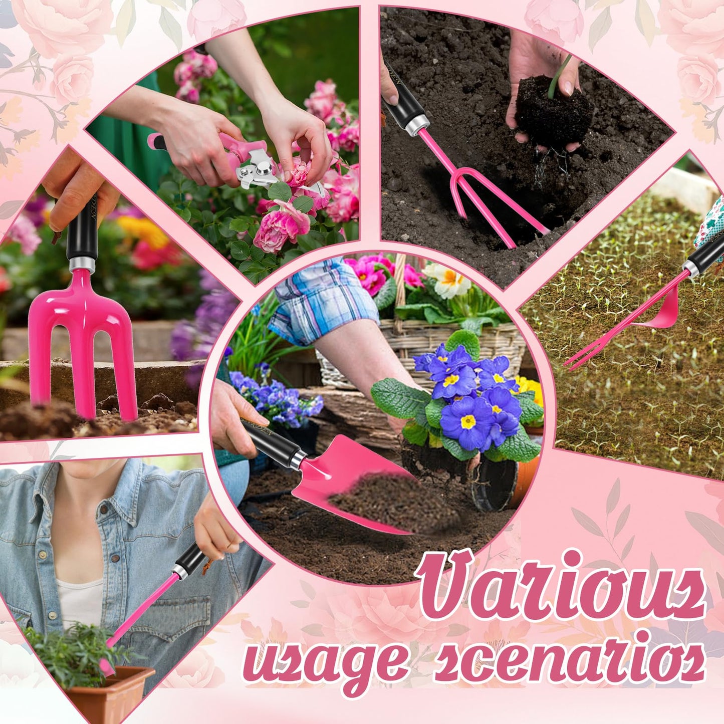 Gardening Tools 9-Piece Heavy Duty Gardening Hand Tools Set (Pink),Stainless Steels and Reinforced Garden Supplies Kit, Durable Garden Organizer Handbag,Ideal Gardening Gifts for Women