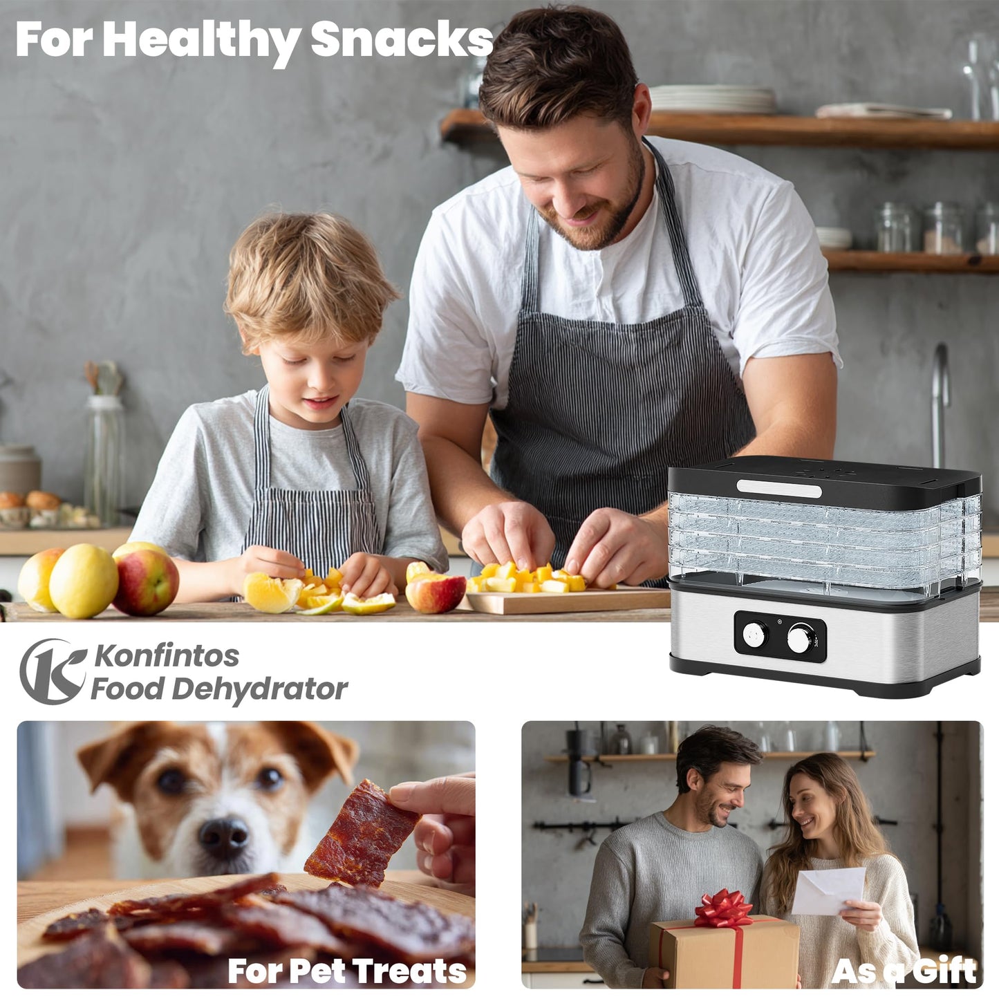 Konfintos Compact Food Dehydrator Machine for Jerky & Fruit, 250W Small Dehydrator Food Dryer, 5 Stackable BPA-Free Trays with Temperature Control for Meat, Mushroom & Herbs, Recipe Included, 72H Max