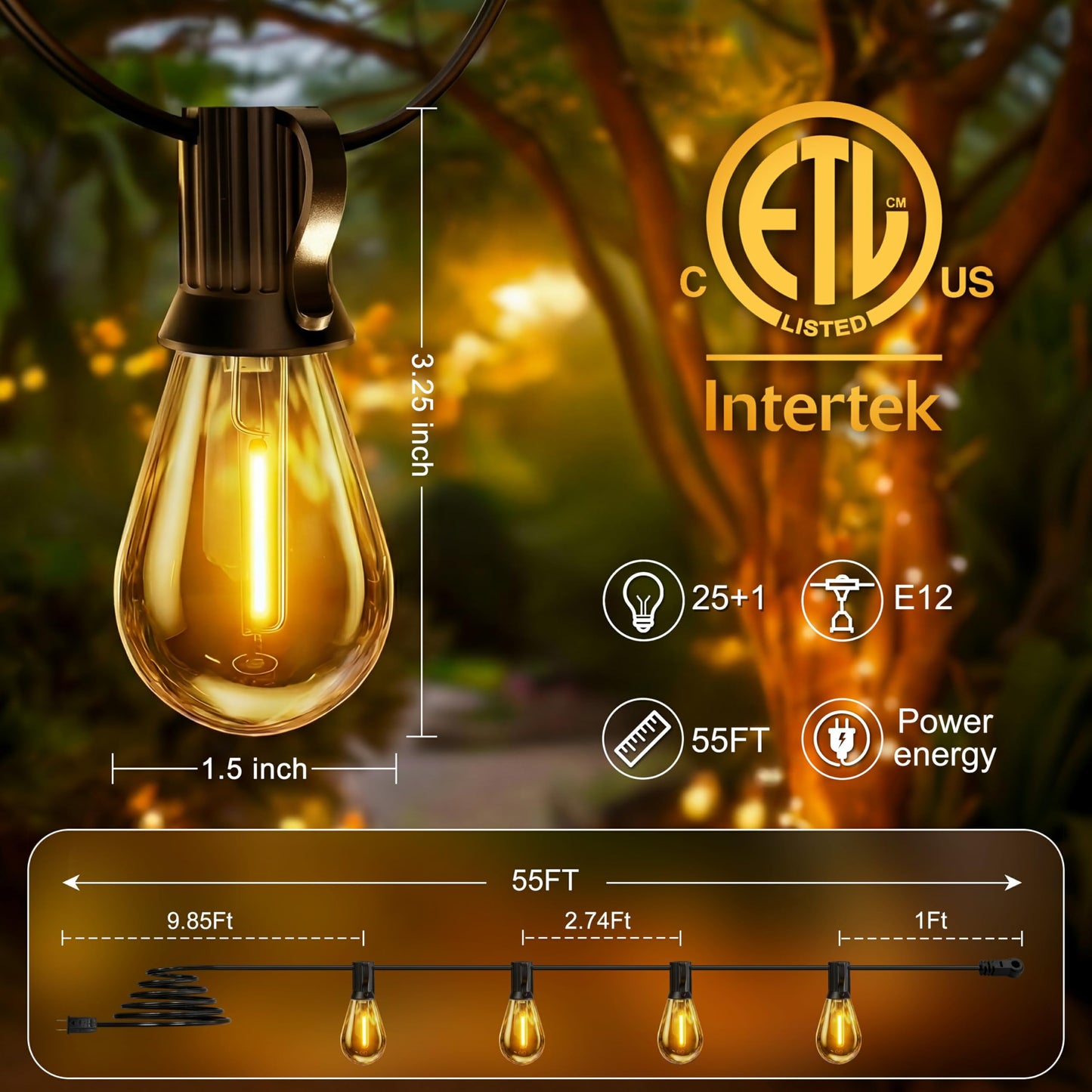 Outdoor Lights, S11 55FT String Lights with 25 Dimmable Plastic Bulbs 1 Spare, 120V 2700K Warm White Waterproof Connectable Patio Lights for Backyard Porch Balcony Party Decor, E12 Socket Base, Black