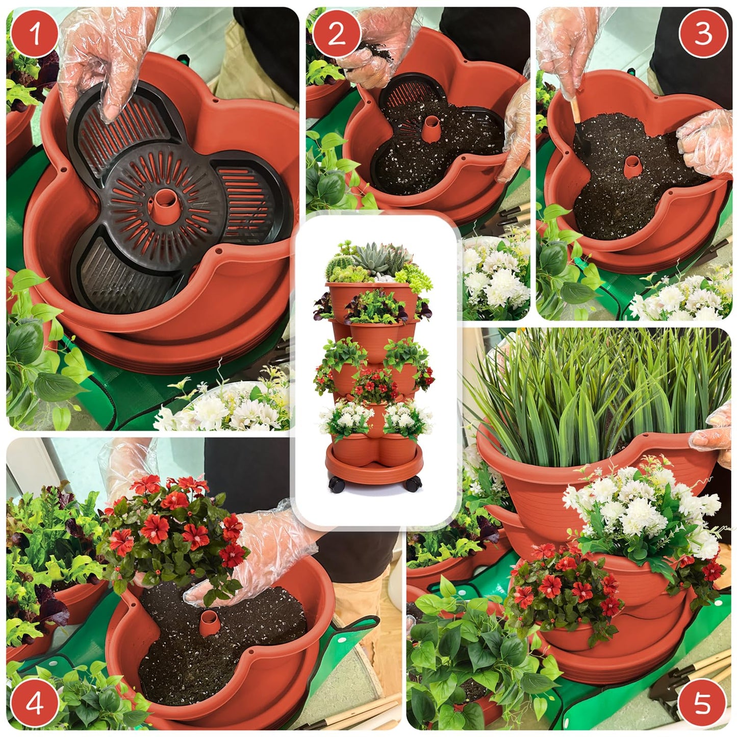 5 Tier Stackable Planter with Removable Wheels and Garden Tools, Garden Planting Tower Planters, Indoor Outdoor Gardening Pots, Vertical Garden Planter(Brick Red)