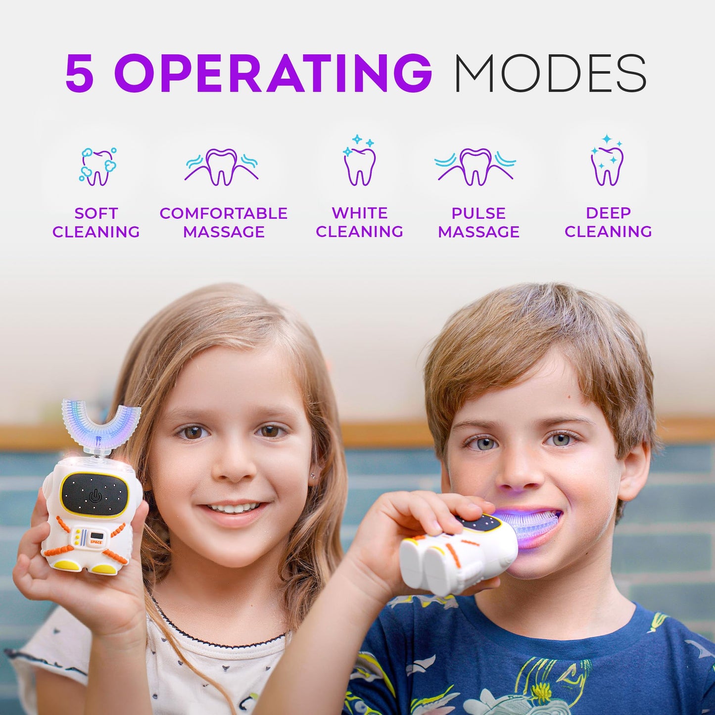 Sensory 360 Round U-Shaped Astronaut Design Mouthguard Electric Toothbrush for Kids Ages 2-7 - Automatic Memory Function - 5 Modes Toothbrush with Multiple Heads – Kids Travel Essentials (White, Small)