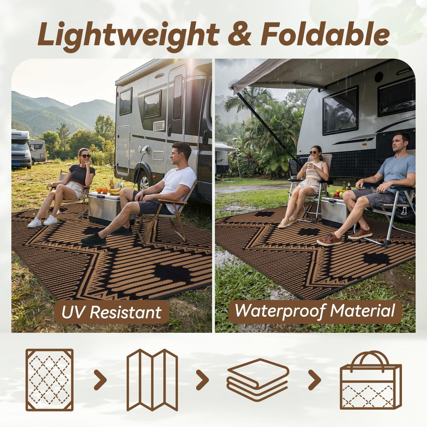 RESARE-Outdoor Rug-Patio Rug 6x9 ft Boho Waterproof Outdoor Carpet RV Deck Camping Portable Boho Rugs for Outdoor Area Rug Picnic Backyard Porch Beach Mat Black & Brown