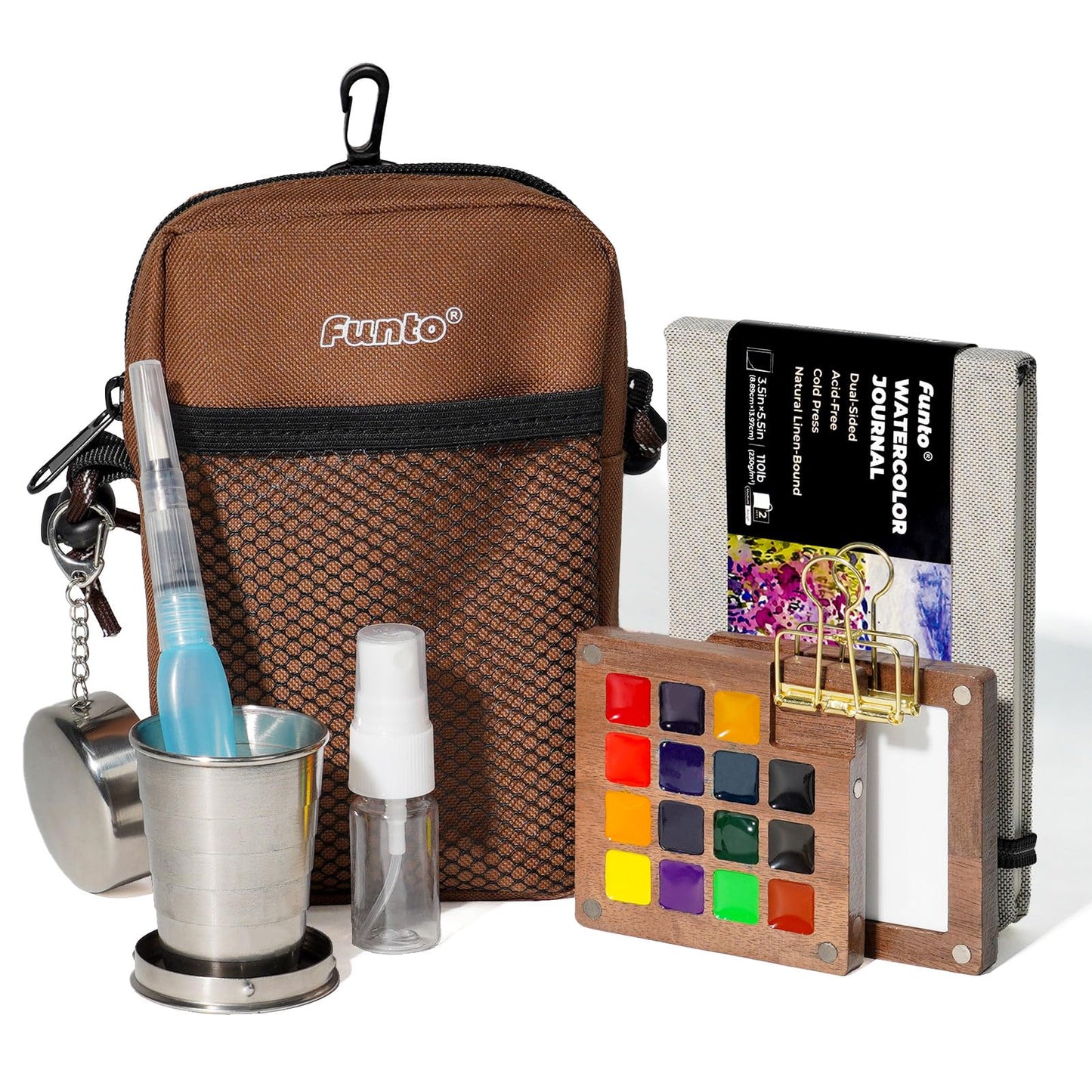 Funto Mini Watercolor Paint Set, All-In-One Walnut Wood 15-Color Premium Pocket Travel Paint Kit, with Crossbody Bag,Watercolor Journal, Metal Clip, Paint Water Cup, Water Brush Ideal for Art Lovers