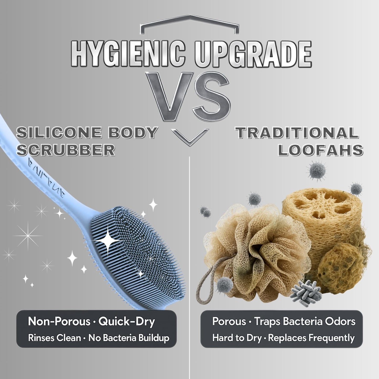 Avilana Silicone Body Scrubber - Food Grade & Lab Tested, Gentle Exfoliating Shower Brush for All Skin Types, Hygienic Quick-Dry Loofah Alternative, BPA-Free Body Brush (Blue, Long Handle)