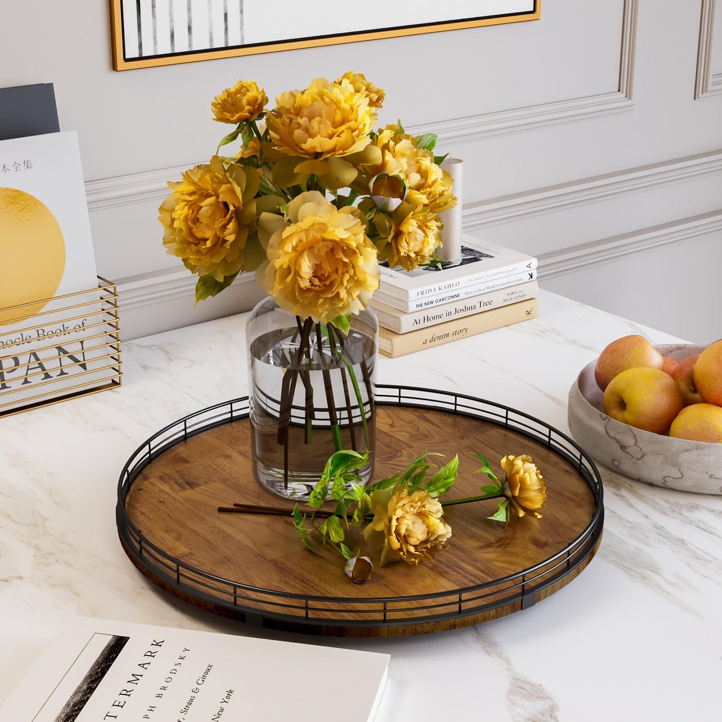 Farmhouse Oak 18" Lazy Susan Turntable Organizer for Cabinet, Round Wooden Lazy Susan Organization and Storage for Dining Table, Pantry, Kitchen, Countertop, Cupboard,Home Decor, Walnut Wood (18")