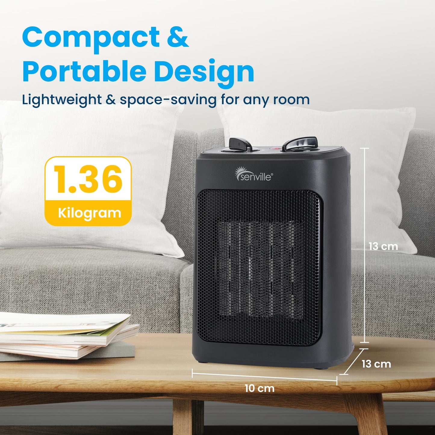 Senville Electric Space Heater with 3 Operating Modes, Adjustable Thermostat, Overheat and Tip-Over Protection, 1500W