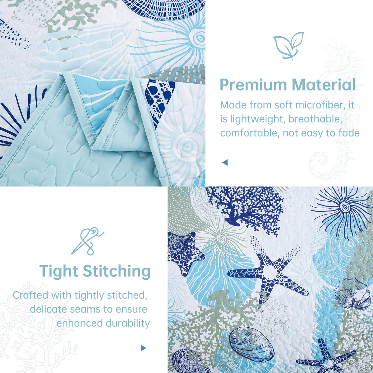 Dinjoy Coastal Quilt Set Queen Size, Blue Ocean Beach Themed Bedding Set Coral Seashell Conch Starfish Pattern Microfiber Lightweight Summer Bedspread Coverlet Bed Set All Season (96x90 Inch)
