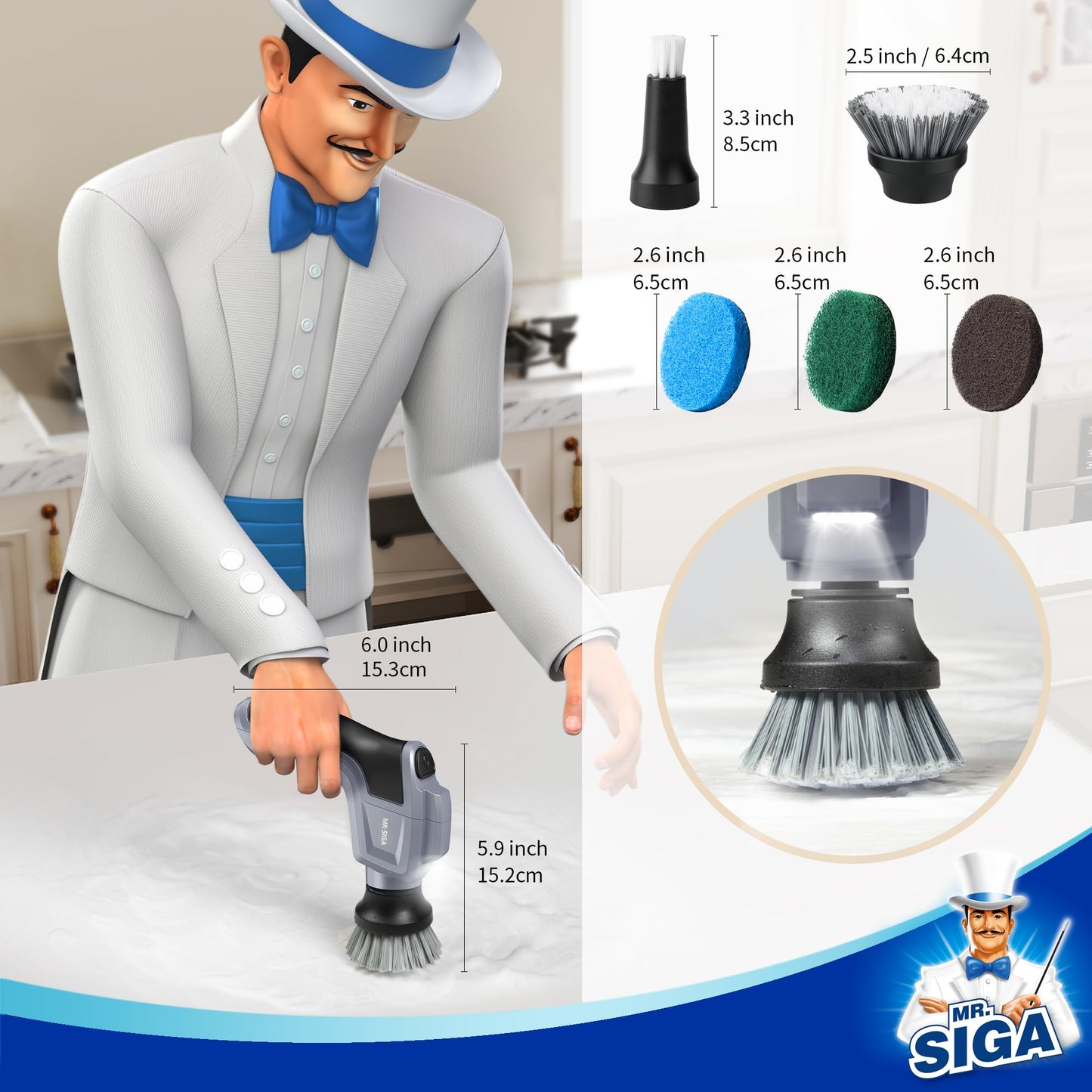 MR.SIGA Electric Spin Scrubber, Cordless Spin Scrubber with 5 Replaceable Cleaning Brushes and Pads, Powerful and Waterproof, Rechargeable Spin Scrubber for Bathroom, Kitchen, Tile, Sink