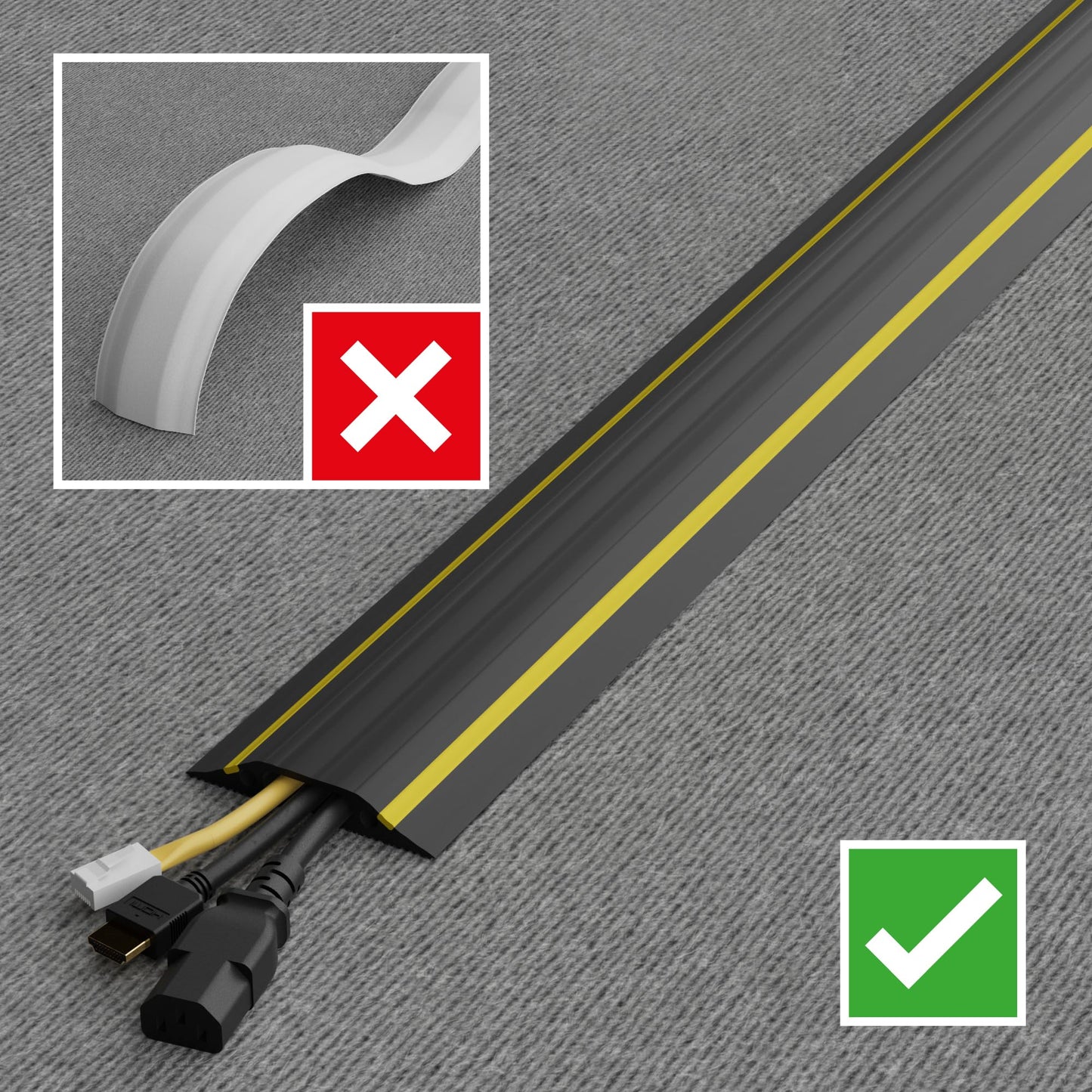 D-Line Floor Cord Cover/Cord Protector - FC83H, Linkable | Protect Cords and Prevent a Trip Hazard | 1.8 Meter (L) - Cable Cavity 30mm (W) x 10mm (H) | Black and Yellow