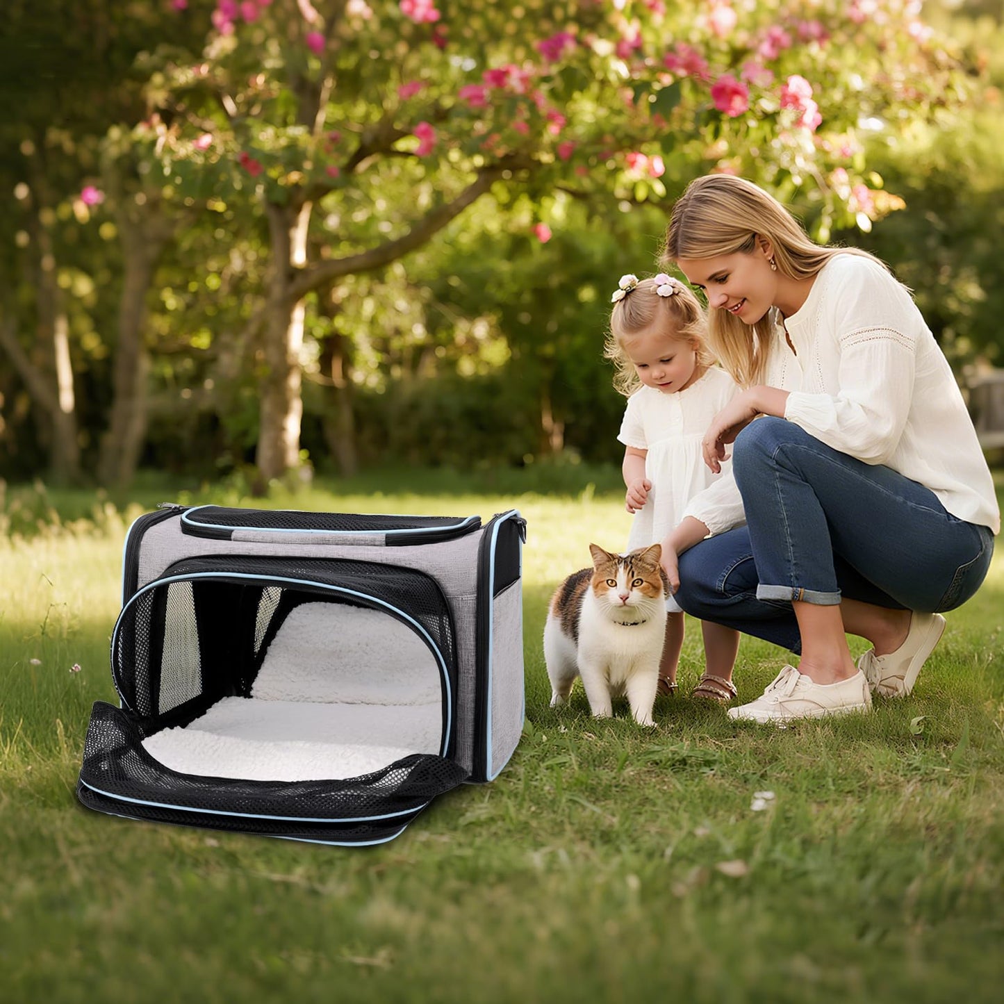 Expandable Cat Carrier,Pet Carrier Airline Approved 5-Side Ventilation Soft Cat Carrier Bag with Removable Fleece Pad and Shoulder Straps Fit Pets (40L x 25W x 25H cm)