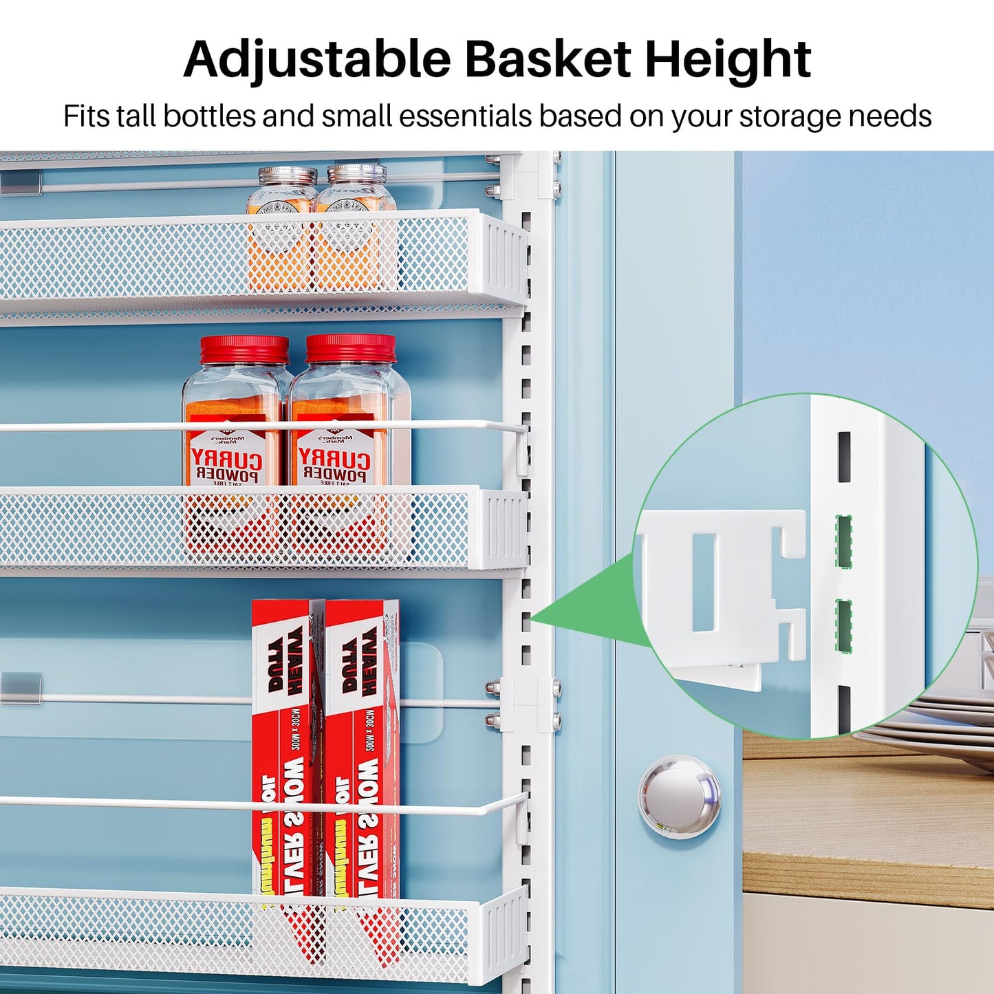 SNTD 8 Tiers Over the Door Organizer - Height Adjustable Pantry Organizers and Storage with Dense Mesh Baskets, Anti-Swing Hanging Door Spice Rack for Kitchen Bathroom (White, 17" W x 6" D x 69" H)