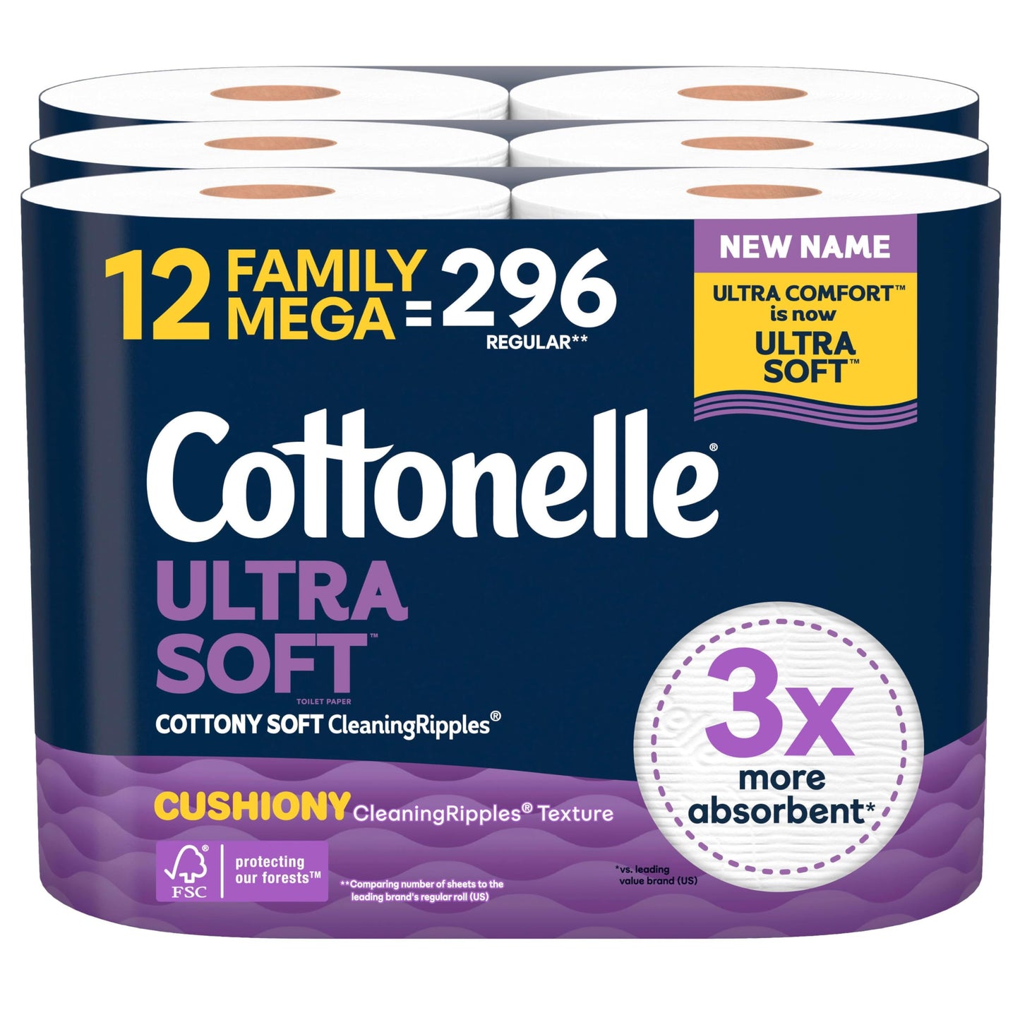 Cottonelle Ultra Comfort Toilet Paper with Cushiony CleaningRipples Texture, 12 Family Mega Rolls = 54 Regular Rolls