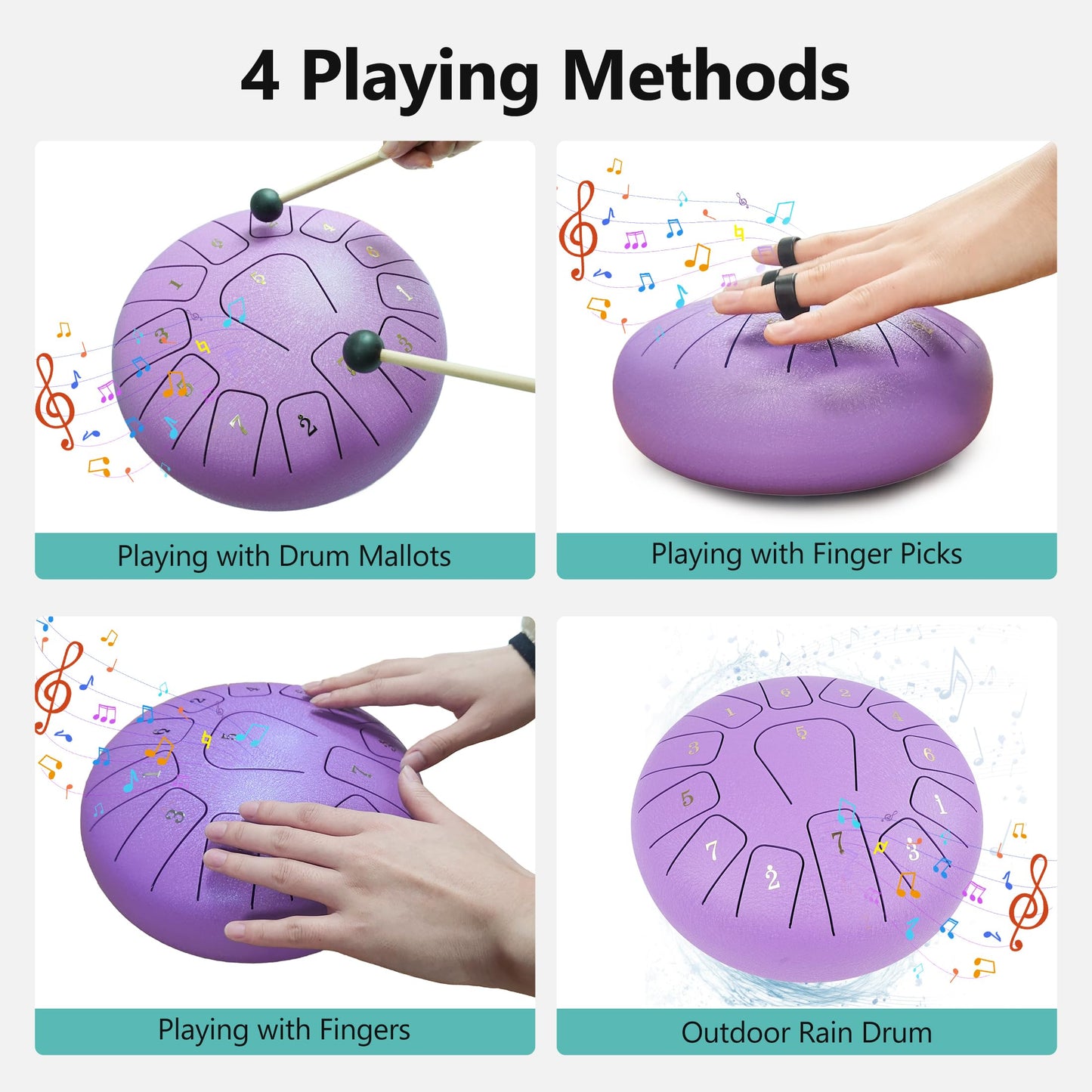 10 Inch 13 Notes Steel Tongue Drum, Pre-Tuned Rain Drum Handpan Drum with Mallets, Music Book, Storage Bag & Finger Picks, Percussion Instrument for Meditation, Relaxation & Gift (Purple)