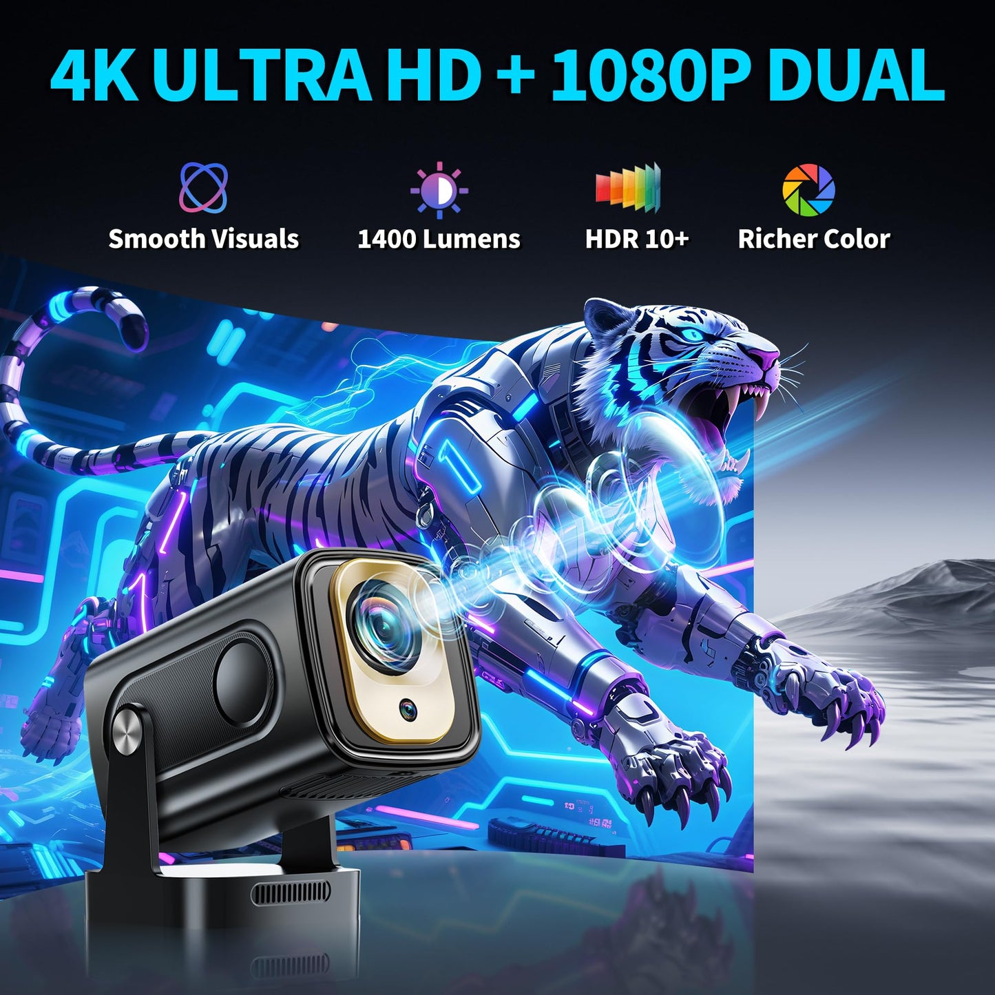 Projector [Auto Focus & Native 1080P & Built-in Apps] Mini Portable Projector 1080P, 4K Full HD with WiFi 6 & Bluetooth 5.4, Auto Focus & Keystone, 270° Rotatable, Compatible with Phone/HDMI/USB,Black