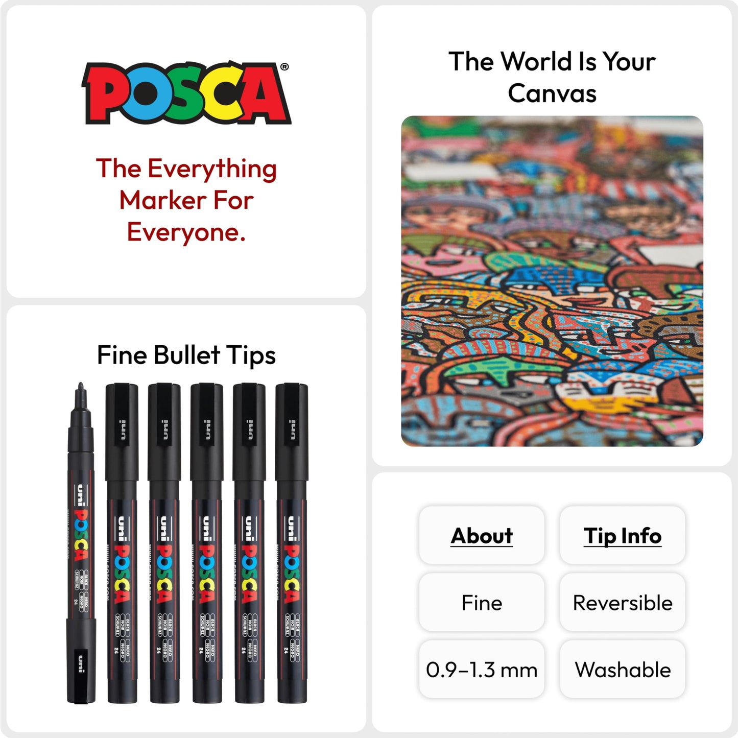 posca Authentic Marker Set, 6 Black Professional Grade Markers with 3M Fine Bullet Tips
