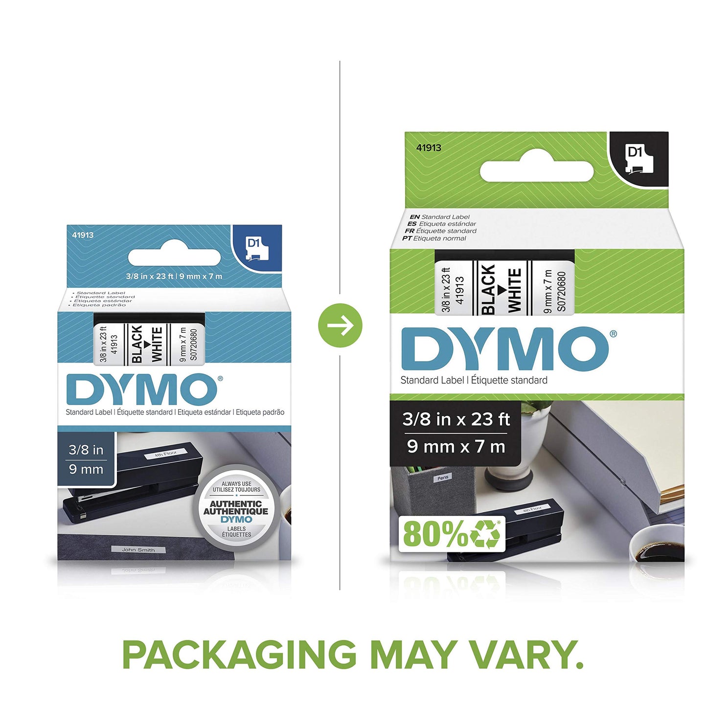 DYMO D1 Standard Labeling Tape for LabelManager Label Makers, Black print on White tape, 3/8'' W x 23' L, 1 cartridge