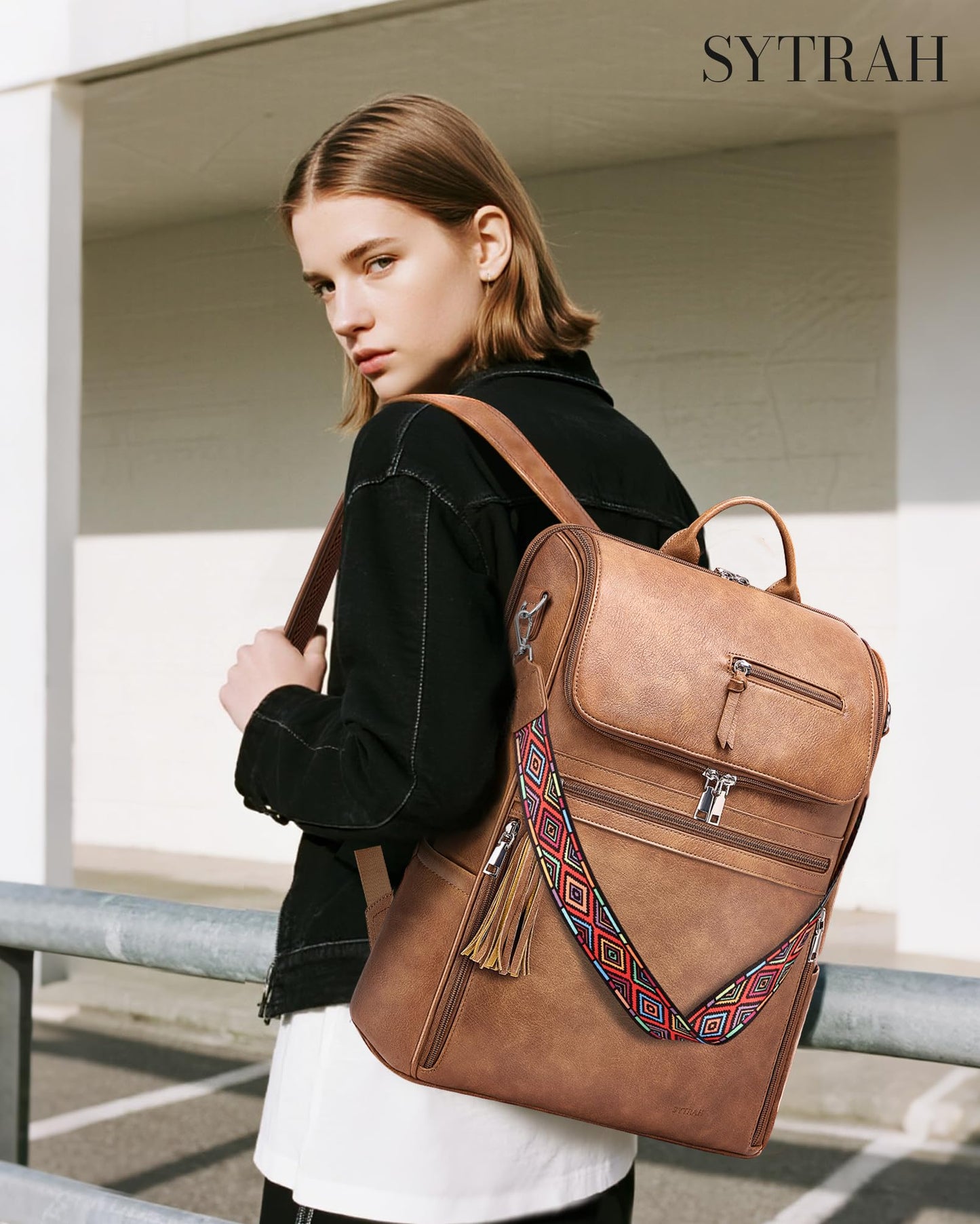 SYTRAH Leather Laptop Backpack for Women Designer Laptop Bag, 16.5 inch Travel Computer Backpacks Purse with Tassel for Work Business Brown