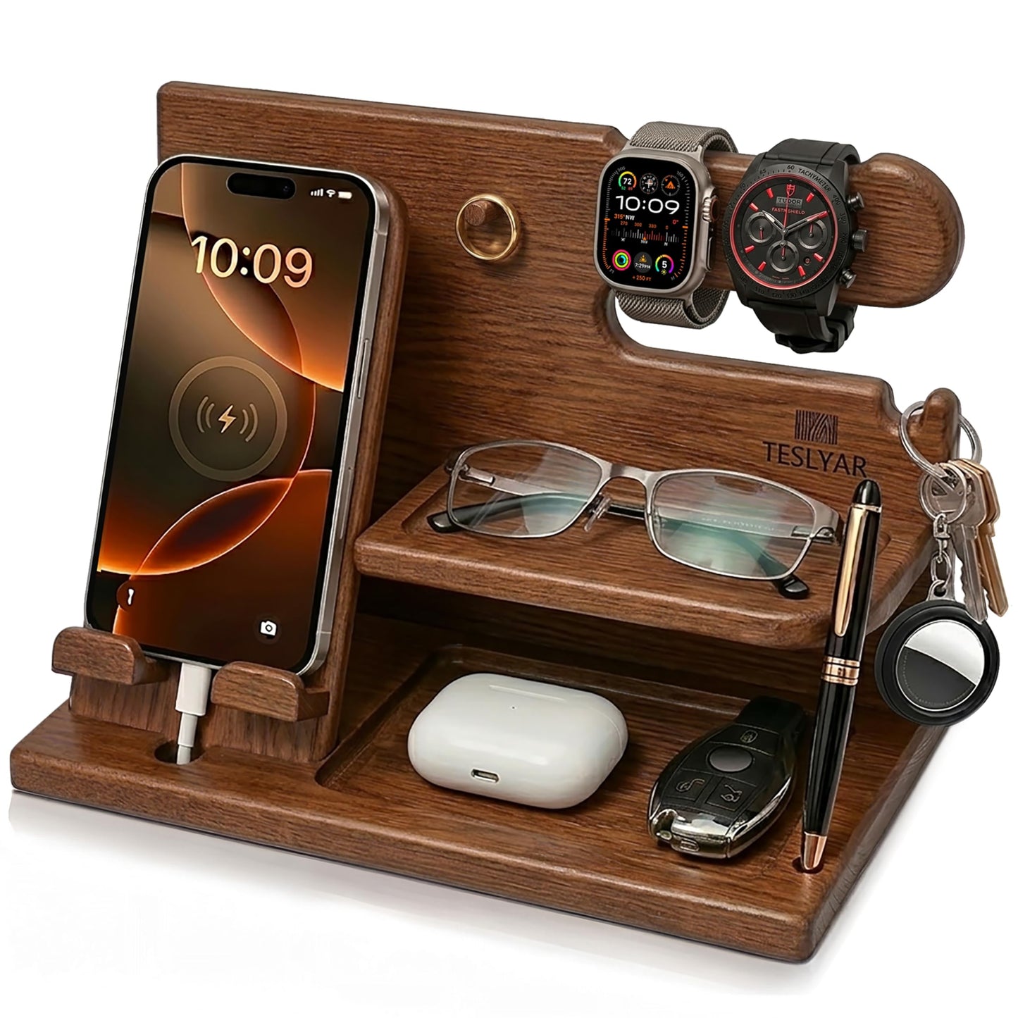 TESLYAR Wood Phone Docking Station - Gifts for Men - Desk or Nightstand Organizer - Birthday Gift for Husband, Dad - Anniversary Idea from Wife - Key Holder, Stand Wallet & Essentials (Earth Beige)