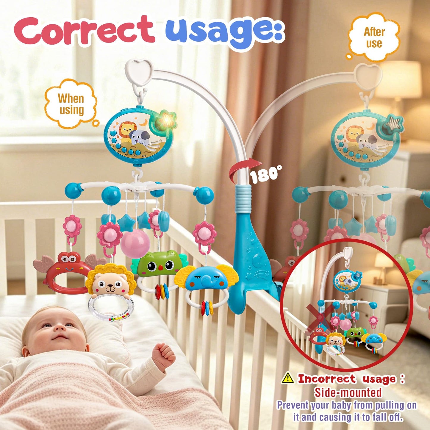 Mini Tudou Crib Mobile with Music and Lights,Baby Mobile for Crib with Hanging Rotating Rattle Toy,Star Projection,400 Lullabies and Timing Function,Remote Control Baby Crib Mobile for Boys Girls