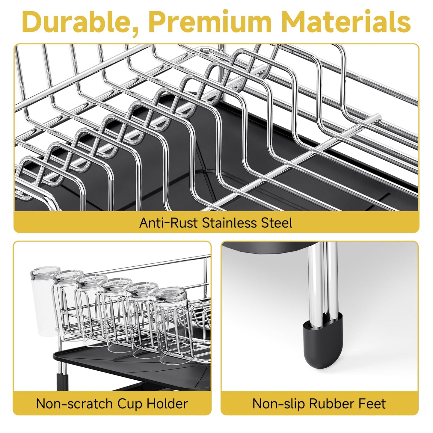 Urackify Expandable Dish Drying Rack Stainless Steel Dish Rack with Drainboard Set Dish Drainer for Kitchen Counter Large Capacity Dish Dryer Rack with 360° Swivel Spout