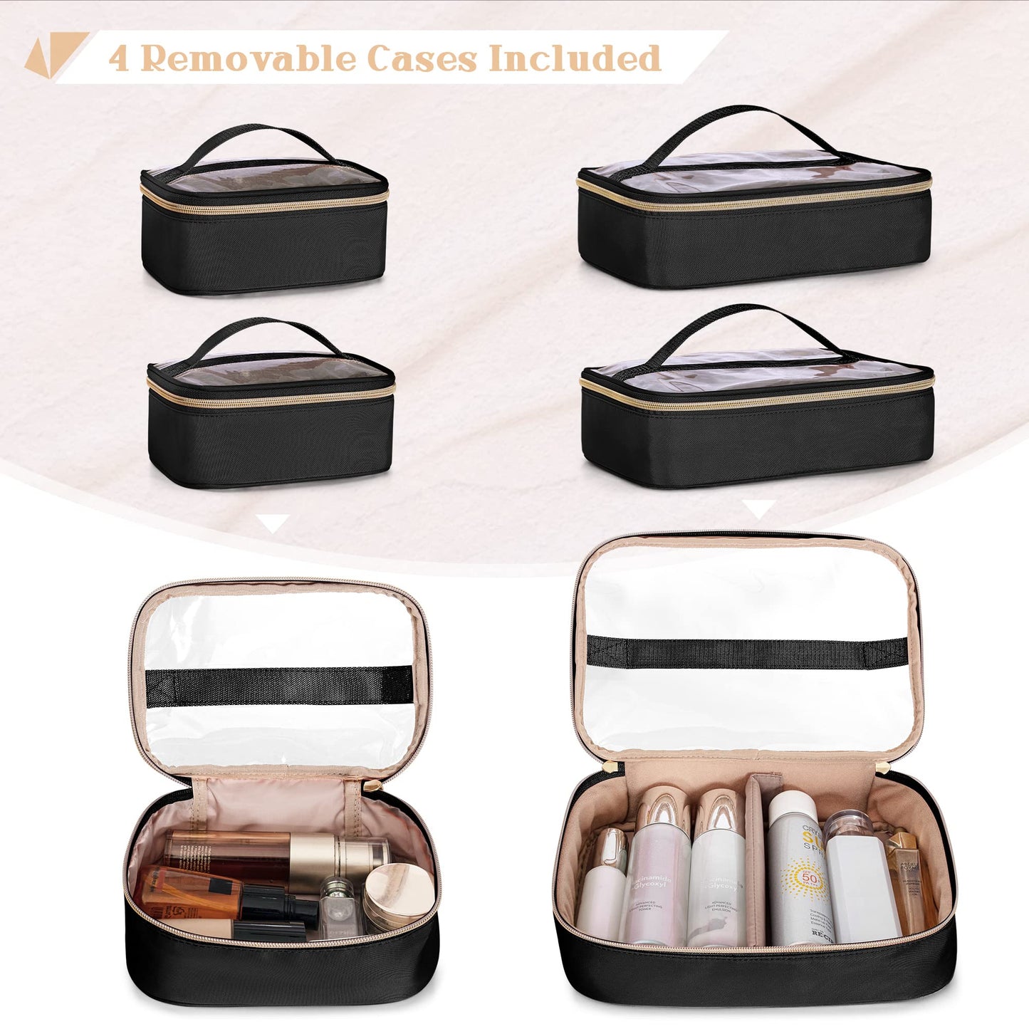 Prokva Large Makeup Bag with 4 Detachable Cosmetic Cases, Professional Make up Organizer Bag with Makeup Brushes Storage Section and Hair Tools Pocket, Black (Empty Bag Only)