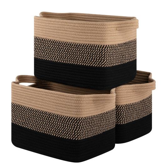 OIASKET Storage Basket Organizing, Woven Baskets for Storage, Rectangle Decorative Nursery Organizer Bins for Shleves, Closet, Toys, Books - Pack of 3 (Black & Brown)