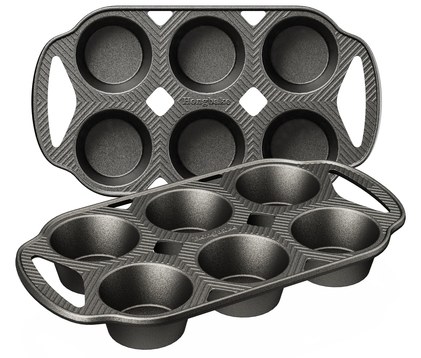 HONGBAKE Everline Collection Cast Iron Muffin Pans, Non toxic Uncoated 6-Cup Muffin Tins, Non-Stick Pre-Seasoned Cupcake Tray Pan Set for Baking, Oven & Stovetop Safe, Standard Size, 2 Pack