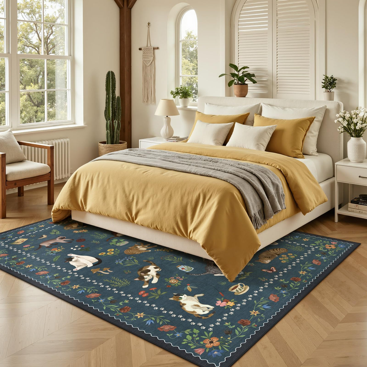 5x7 Area Rugs Living Room Rug - Floral Animal Boho Non-Slip Washable Carpet, Low Pile Non-Shedding Stain Resistance Boho Soft Carpet for Bedroom, Kids Playroom, Dining Room, Farmhouse (5'x7' Blue)