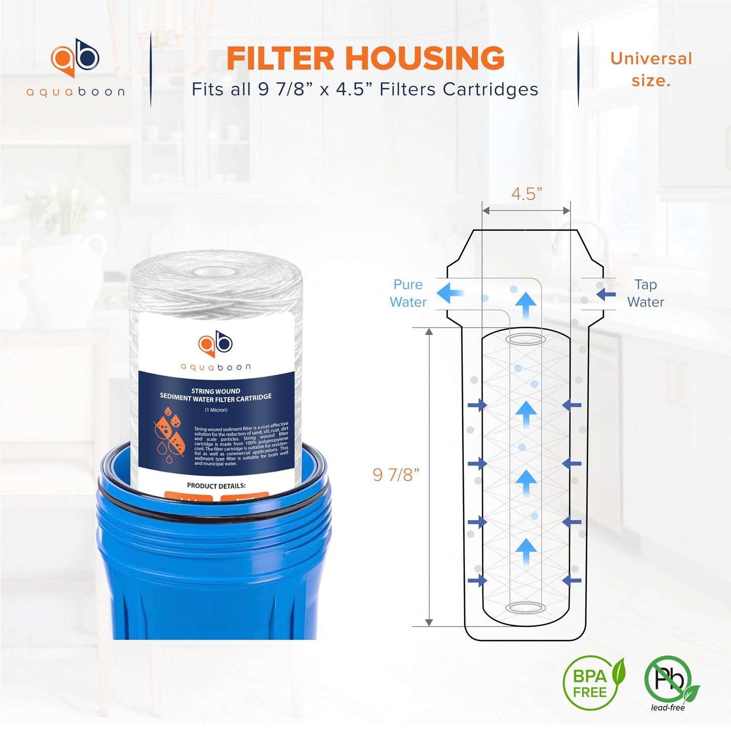 Aquaboon 1 Micron String Wound Water Filter 10x4.5 Replacement - Whole House Water Filter Cartridge Compatible with WP5BB97P,WP10BB97P, AP810, 4-Pack