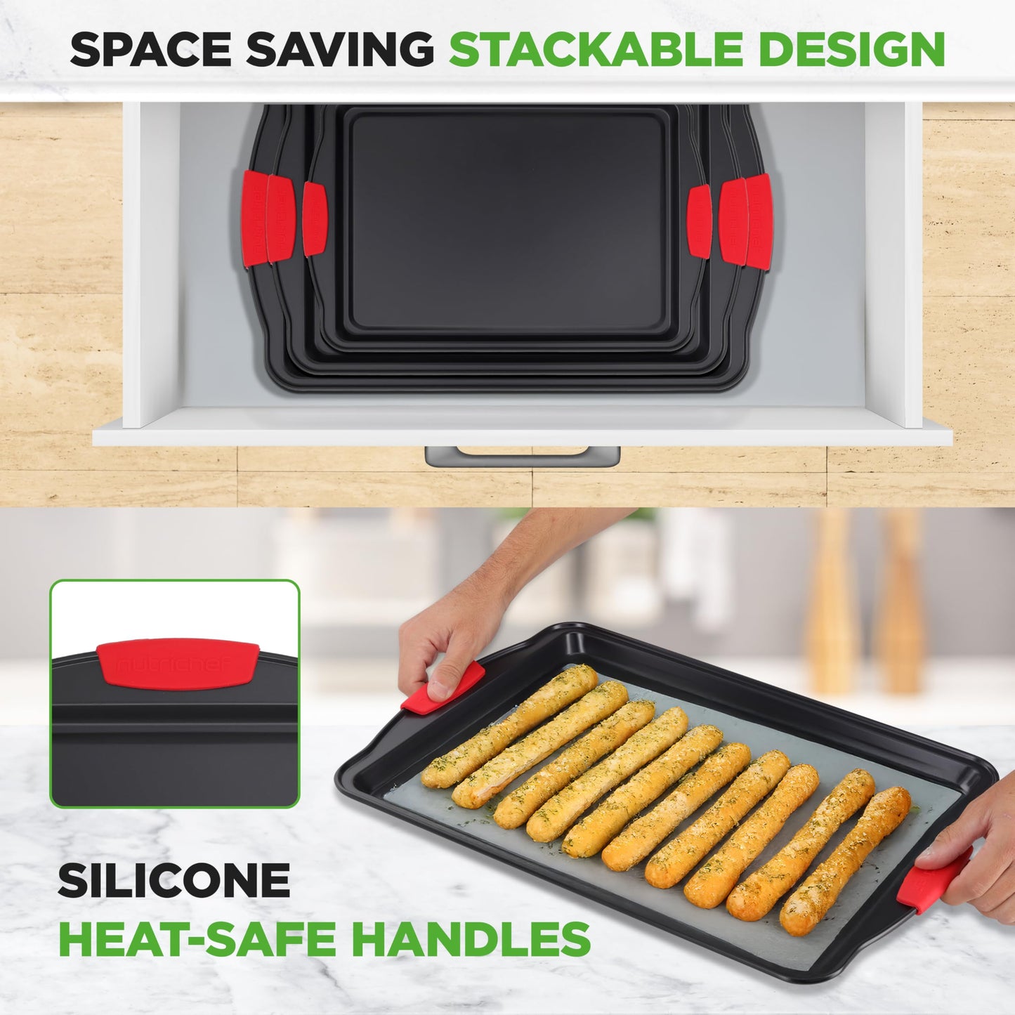 NutriChef Baking Sheet Set - 3 Piece Nonstick Cookies Sheets, Premium Quality Carbon Steel with Silicone Handles for Meal Prep, Sheet Pan Dinners, Roasting