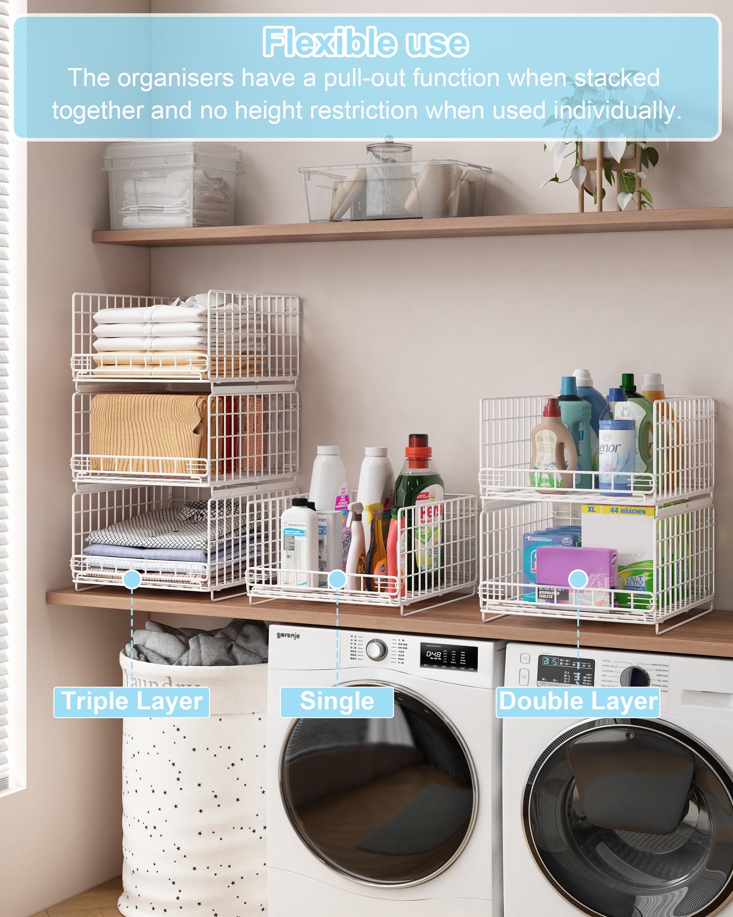 UMDONX 3 Pack Pull out Closet Storage Organizer Drawer Stackable Clothes Bins, Wardrobe Clothing Basket Rack Cupboard Cabinet Wire Shelf, Durable Metal White, Load 50LBS