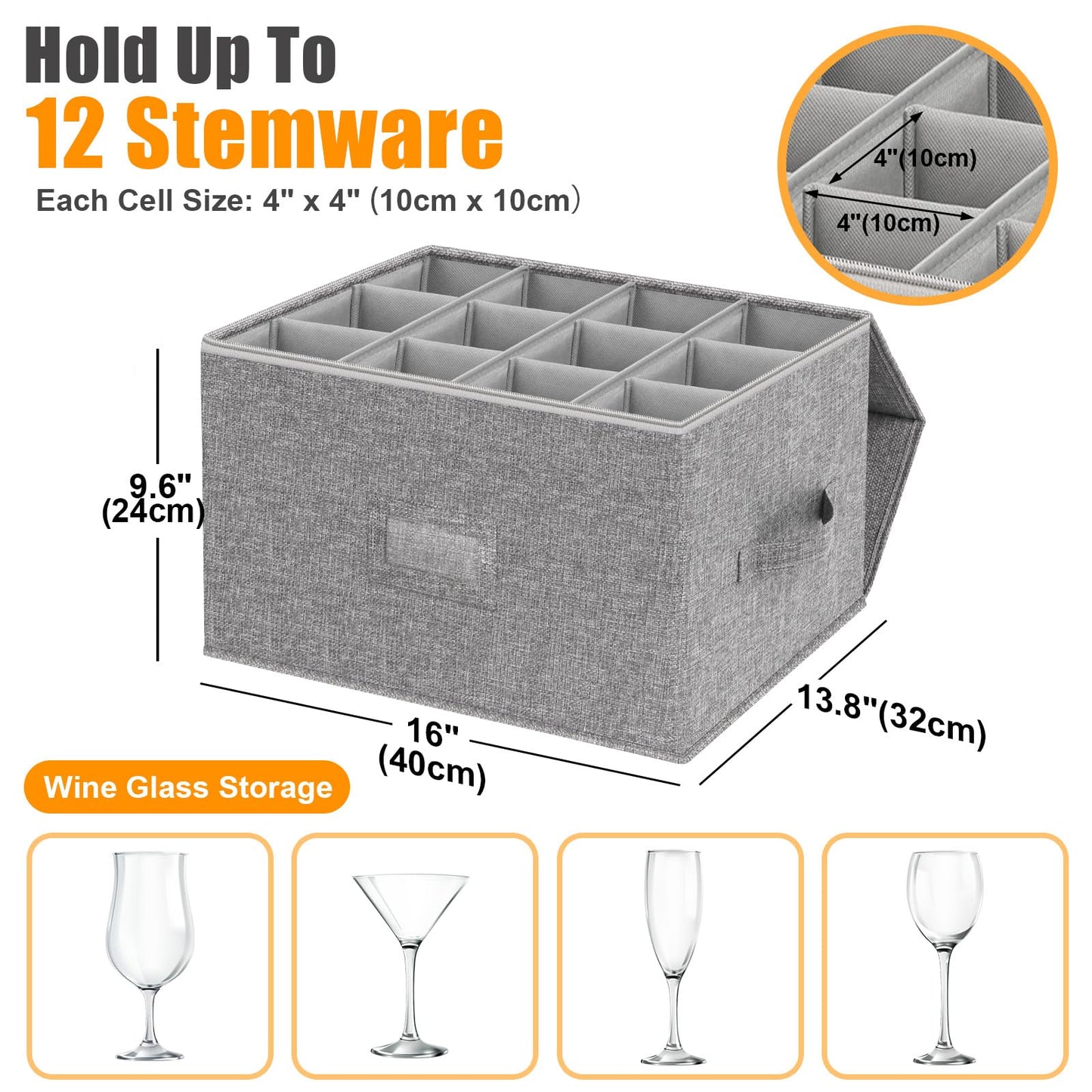 2 Pack Wine Glass Storage Box, Hard Shell Glassware Storage Containers with Dividers, Stackable Stemware Storage Cases for 24 Red or White Wine Glasses, Crystal Drinkware, Moving boxes with Label Grey